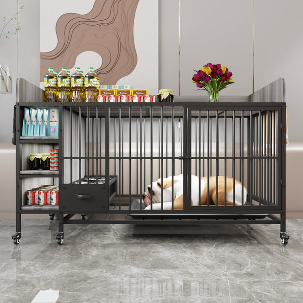 English Elm Large Iron Mdf Pet Enclosure with Storage Cabinet Rolling Casters and Steel Feeding Basins W3064P245385