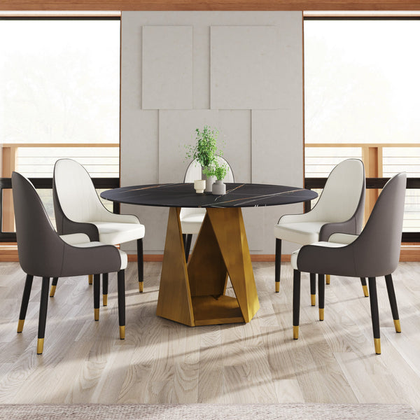 English Elm 53" Round Marble Dining Table – Elegant Sintered Stone Top & Bronze Iron Base For 6, Modern Style W1535S00408