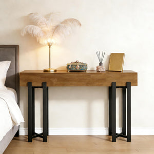 English Elm Practical Geometric Console Table with Matte Black Wood Grain Finish for Entryway or Sofa T3971P452927