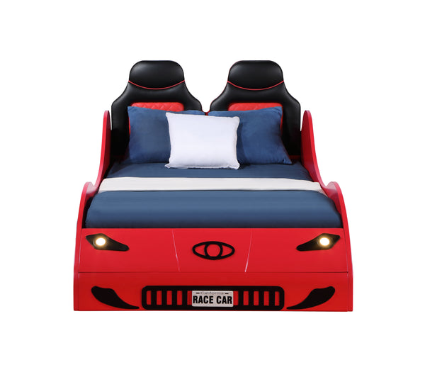 English Elm Colen Red Finish Twin Car Bed with LED Lights, PU Upholstery, Wheels Trim, No Box Spring Needed B2726S00075