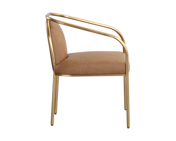 Sunpan Cicero Dining Armchair - Elegant Milliken Cognac Faux Leather & Gold Stainless Steel Accent Piece