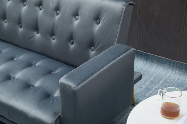 English Elm Sofa Bed Velvet Upholstered Convertible with Gold Metal Legs for Studio Spaces Dark Gray B205P246433