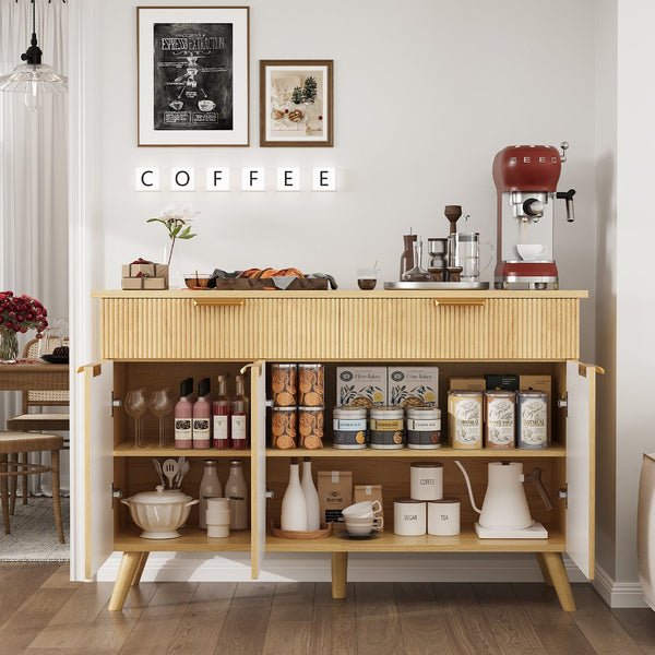 English Elm Sideboard Fluted Credenza with Three Drawers Two Doors Matte Black Modern Storage T3773P417337