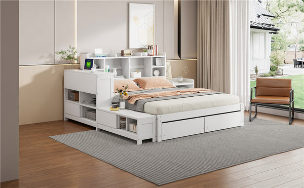 English Elm Full Size Wooden Platform Bed With Desk, Storage Drawers, Usb Ports, Nightstand & Modern Design N820S00029K