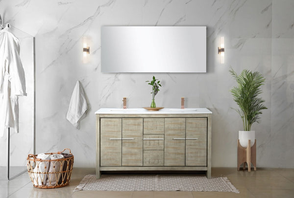 English Elm Rustic Acacia Double Bath Vanity With White Quartz Top, Rose Gold Faucets & Large 55" Mirror Set B2731S01686-GIGA