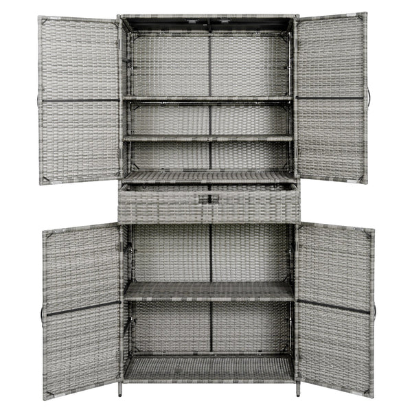 English Elm K&k Tall Arched Pe Rattan Outdoor Storage Cabinet with Adjustable Shelves and Steel Frame Grey N707P420102G