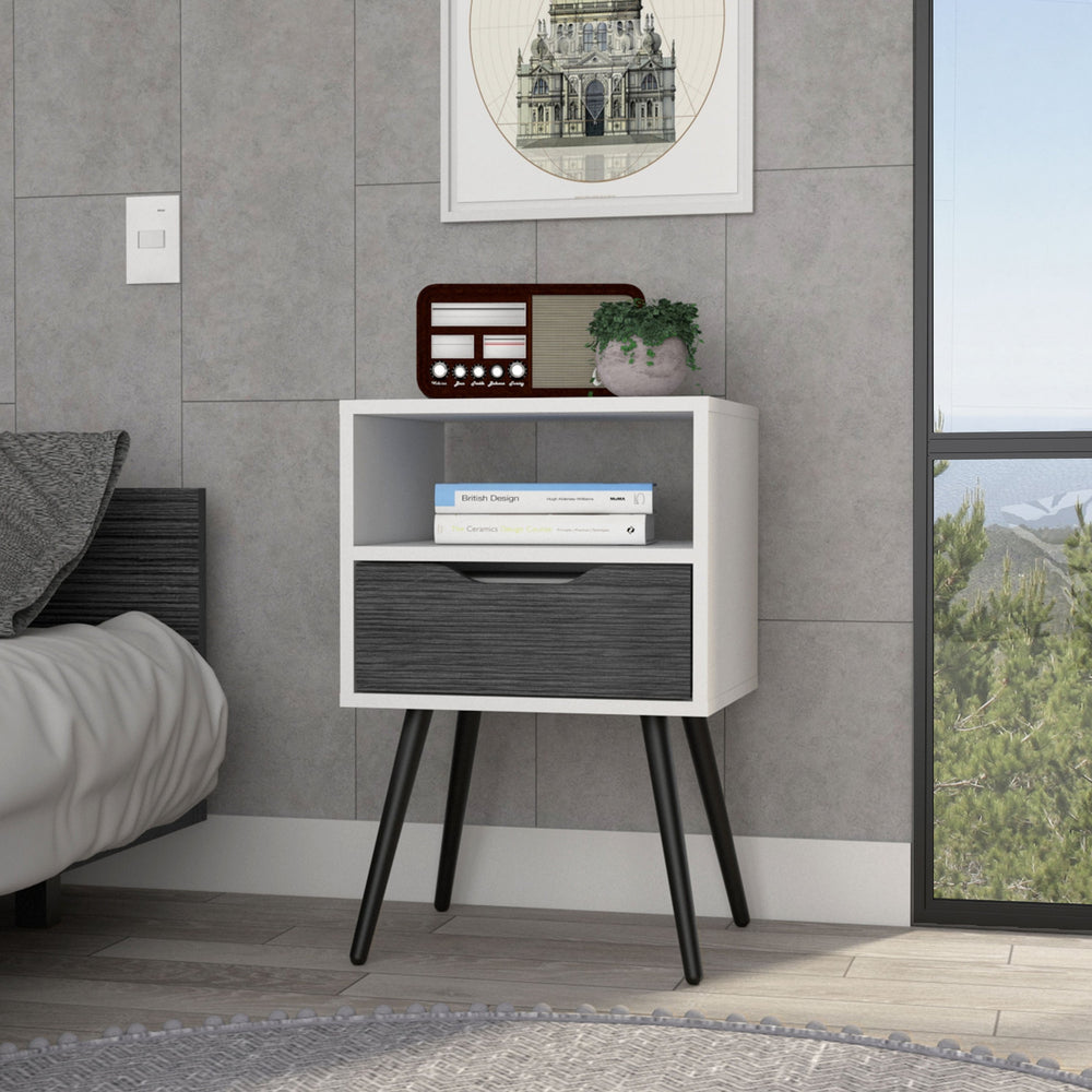 English Elm Otom Modern Nightstand with Open Shelf Drawer and Tall Metal Legs for Bedroom B20092045