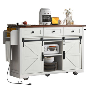 English Elm K&k Farmhouse Rolling Kitchen Island with Drop Leaf Power Outlets and Storage Cabinet White N707S170347W