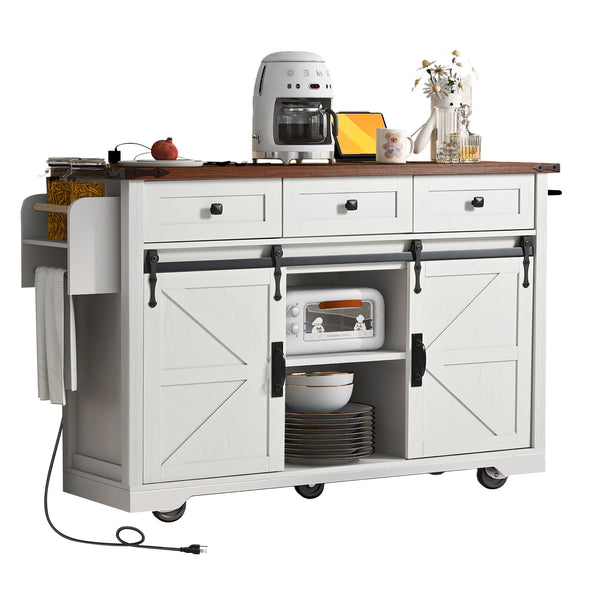 English Elm K&k Farmhouse Rolling Kitchen Island with Drop Leaf Power Outlets and Storage Cabinet White N707S170347W