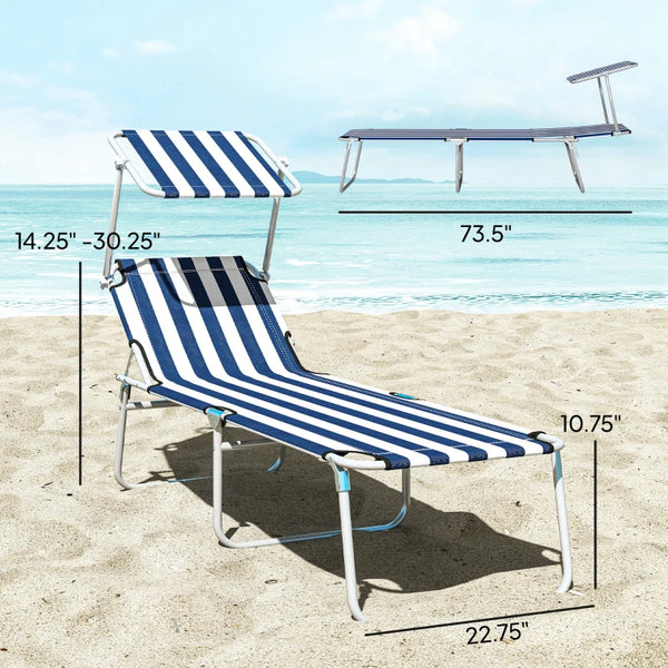 English Elm Portable Folding Outdoor Chaise Lounge with Sun Awning Oxford Cloth Steel Frame T3971P476859