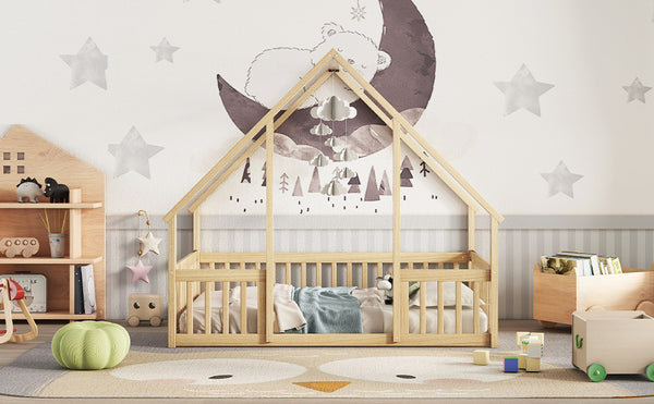 English Elm Full House-Shaped Floor Bed with Fence and Guardrails, Pine Wood Play Loft for Imaginative Kids Retreat Natural W504P143295