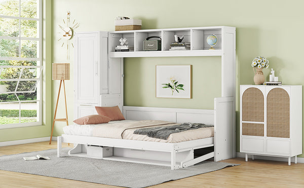 English Elm Full Size Murphy Wall Bed with Wardrobe Drawers Studio Apartment Space Saver White LP000792AAK-2