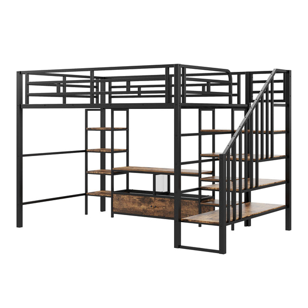 English Elm Full Metal Loft Bed Full Size with Staircase, Built-In Desk & Shelves, Black, Sturdy Space-Saving Setup GX001132AAB