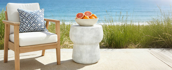 English Elm U_style Outdoor Concrete Accent Table Sculptural Double Barrel Mgo Weathered Patio Stool Grey N711P422075K