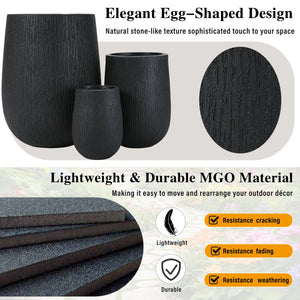 English Elm U_style Egg Shaped Mgo Stone Look Planters Set of 3 Sculptural Pots for Patio Garden N711P406659B