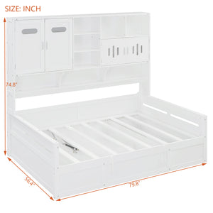 English Elm Full Size Wooden Daybed With Hydraulic Lift, Integrated Storage Cabinet & Stylish Shelving, White N820S00047K