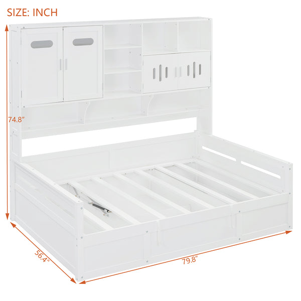 English Elm Full Size Wooden Daybed With Hydraulic Lift, Integrated Storage Cabinet & Stylish Shelving, White N820S00047K