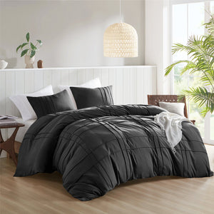 JLA Home Comfort Spaces - Soft Washed Pleated Duvet Cover Set with OEKO-TEX Soft Microfiber, Grid Pinch-Pleat, Button Closure, Breathable Comfort for Year-Round Use Black AM12-0155