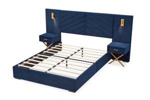 English Elm Queen Velvet Wingback Platform Bed Channel Tufted Upholstered Frame No Box Spring Blue W1793S00051