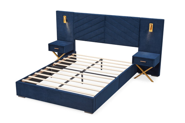 English Elm Queen Velvet Wingback Platform Bed Channel Tufted Upholstered Frame No Box Spring Blue W1793S00051