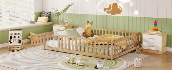 English Elm Queen Rubberwood Floor Bed with Perimeter Fence and Latch Door for Toddler Safety W504P370525