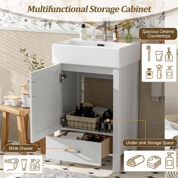 English Elm 20.28'' 20.28" Modern Bathroom Vanity with Ceramic Sink, Solid Wood Frame, Soft-Close Drawer & Cabinet - Space-Saving Design White N729P277755K
