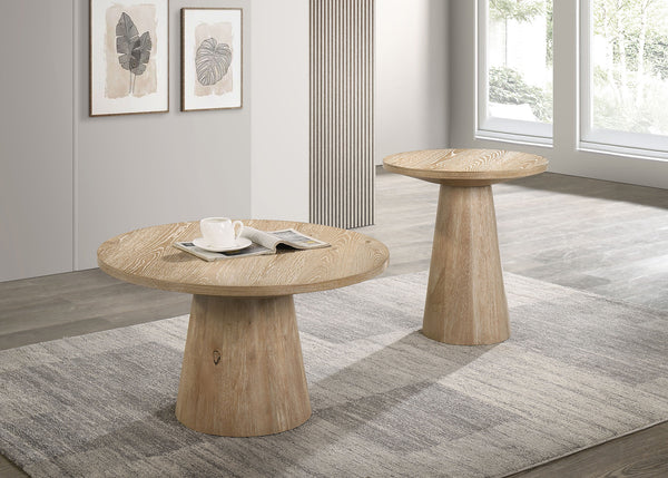 English Elm Unique Cone Base Pedestal End Table Contemporary Round Accent Table Rubberwood & Veneer Durability Oak 23 L x 23 W x 4 H B2741S00442