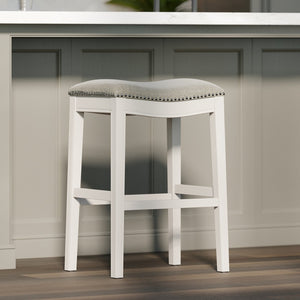 English Elm 31in. Farmhouse Whitewash Hardwood Barstool Nailhead Upholstered Seat Kitchen Island Accent White B2751P436419