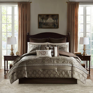 JLA Home Madison Park Essentials - 16 Jacquard Comforter Set with Two Sheet Sets, Reversible Brown Elegance, Hypoallergenic, Machine Washable MPE10-797