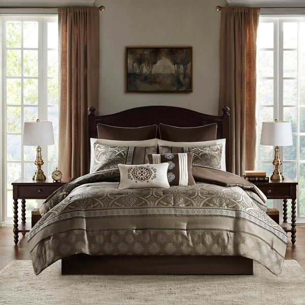 JLA Home Madison Park Essentials - 16 Jacquard Comforter Set with Two Sheet Sets, Hypoallergenic Fill, Reversible Brown Elegance, Machine Washable 90 L x 90 W x 1.5H MPE10-795