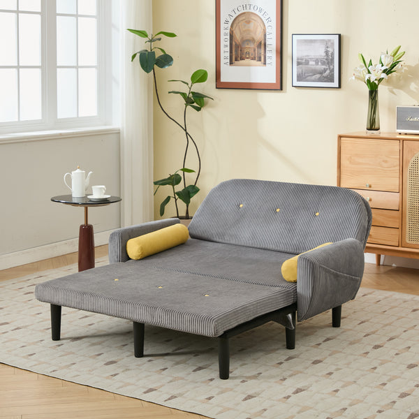 English Elm Gray corduroy loveseat daybed recliner with adjustable back, storage pocket, USB armrest charger, two pillows W570P333063