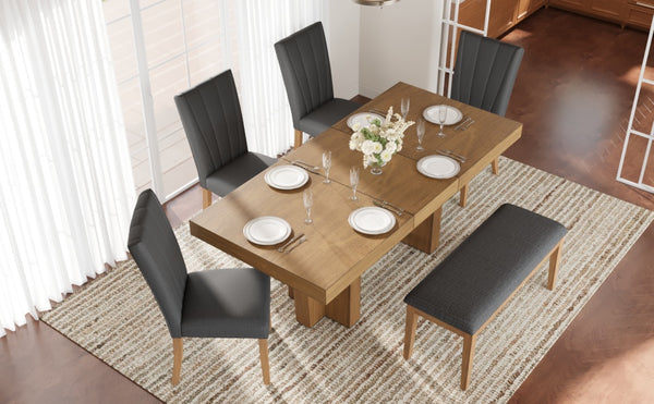 English Elm Topmax Farmhouse Extendable Rubberwood Dining Set Seats Six with Bench and Linen Chairs Brown+Gray N717S000089E