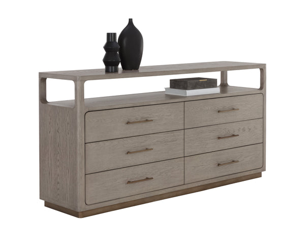 Sunpan Danette Dresser - Sleek Grey Oak Design with Warm Brass Accents & Open Shelf for Stylish Storage Solutions