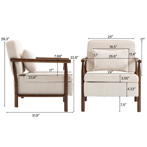 English Elm Storage Accent Chair Mid Century Wood Frame Upholstered Seat with Lumbar Cushion Antique White W2530P401445