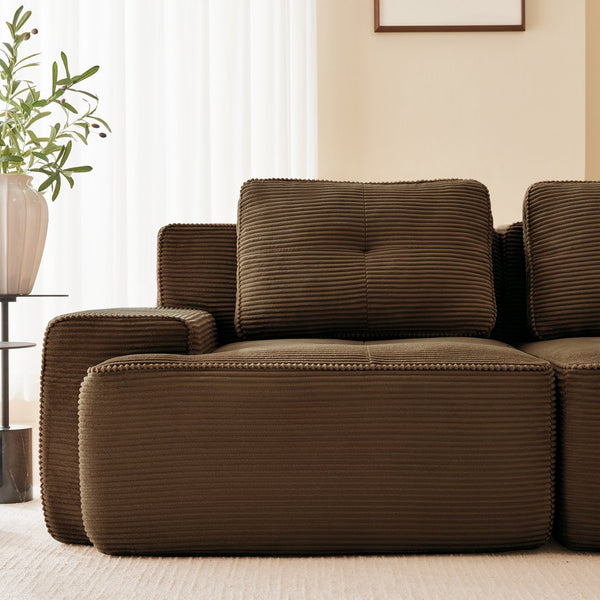 English Elm Modern Corduroy Sectional Sofa Deep Seat V Shape Tufted Couch with Movable Ottoman Brown W714S01576