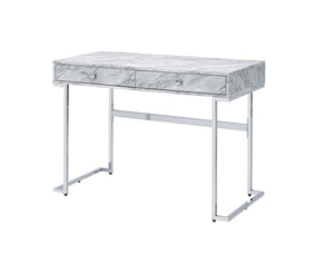 English Elm Tigress Sleek White Faux Marble Writing Desk with Chrome Frame, 2 Drawers & Smooth Metal Glides B2726P254136