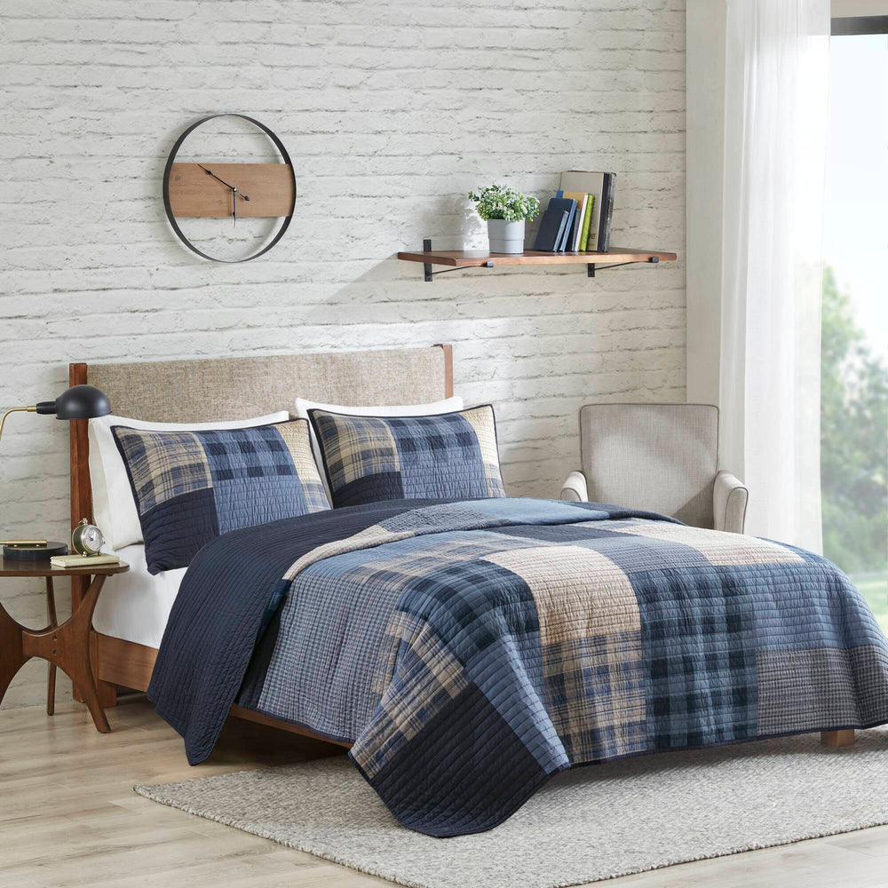 English Elm 3-piece King Cotton Patchwork Quilt Set Navy Denim White Plaid Heirloom Bedding B035P463258
