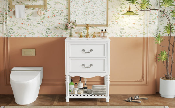 English Elm 24'' Vintage Bathroom Vanity with Ceramic Sink Soft Close Drawers Open Shelf White N710P411237K