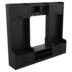 English Elm 4-in-1 Hall Tree with Bench, 7 Hooks, 2 Cabinets & 4 Drawers for Entryway Storage and Seating Black W1580S00089