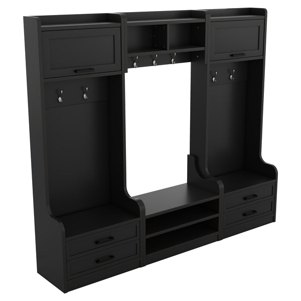 English Elm 4-in-1 Hall Tree with Bench, 7 Hooks, 2 Cabinets & 4 Drawers for Entryway Storage and Seating Black W1580S00089