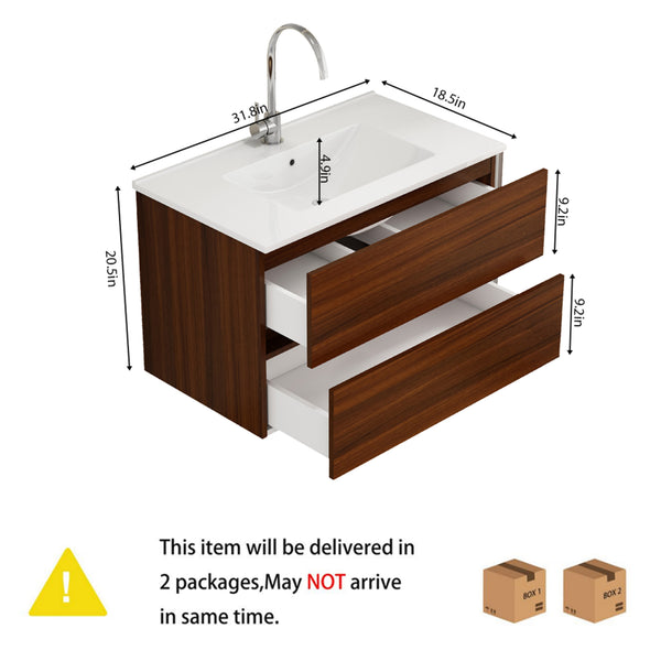 English Elm 32-Inch Wall-Mounted Bathroom Vanity With Soft-Close Drawers, Ceramic Sink, Walnut Finish, Easy Install W3151S00040