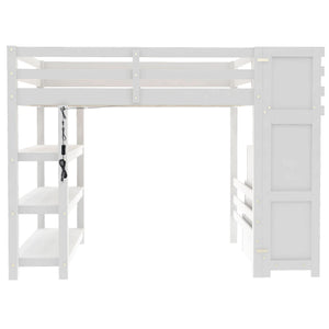 English Elm Full Size Loft Bed with Wardrobe Storage Staircase Shelves and Led Lighting N7090000472K-1
