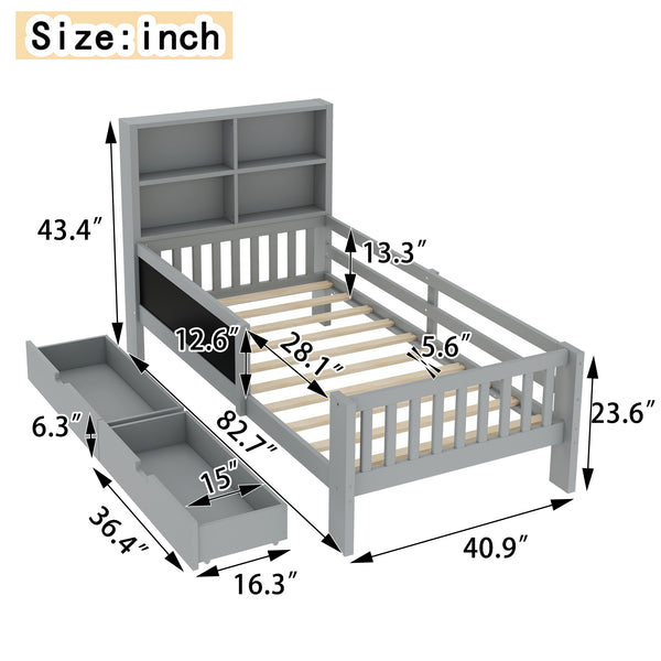 English Elm Twin Chalkboard Platform Bed with Drawers & Shelves, Solid Wood Kids Bed with Storage and Creative Headboard Grey W1580P362706