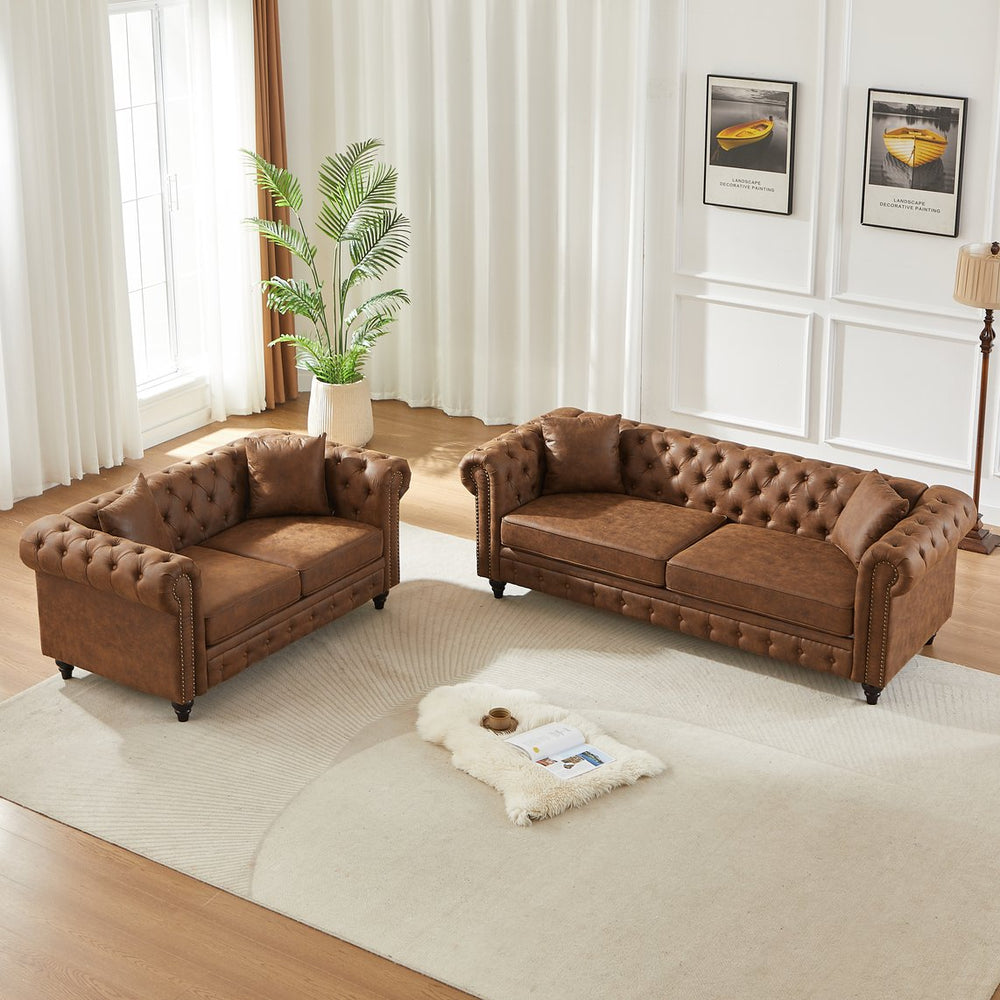 English Elm Fx Chesterfield Sofa Set Tufted Tech Fabric Upholstered Living Room Seating Combo Brown W1926S00112