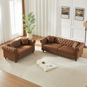 English Elm Fx Chesterfield Sofa Set Tufted Tech Fabric Upholstered Living Room Seating Combo Brown W1926S00112