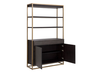 Sunpan Baldessara Bookcase - Rustic Bronze Steel Frame with Grey Oak Veneer Shelves, Anti-Tipping Kit Included