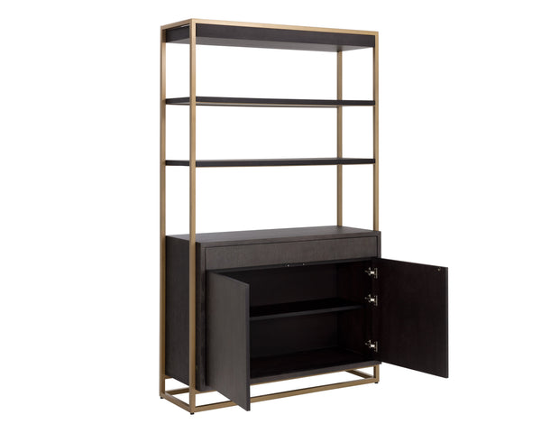 Sunpan Baldessara Bookcase - Rustic Bronze Steel Frame with Grey Oak Veneer Shelves, Anti-Tipping Kit Included