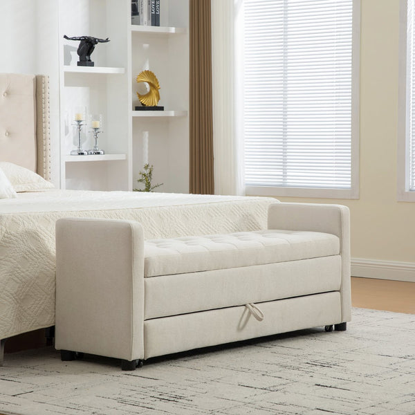 English Elm 58.27" Wide Napped Fabric Upholstered Storage Bench Rolled Armrest Caster Wheels Entryway Beige W3189P445990