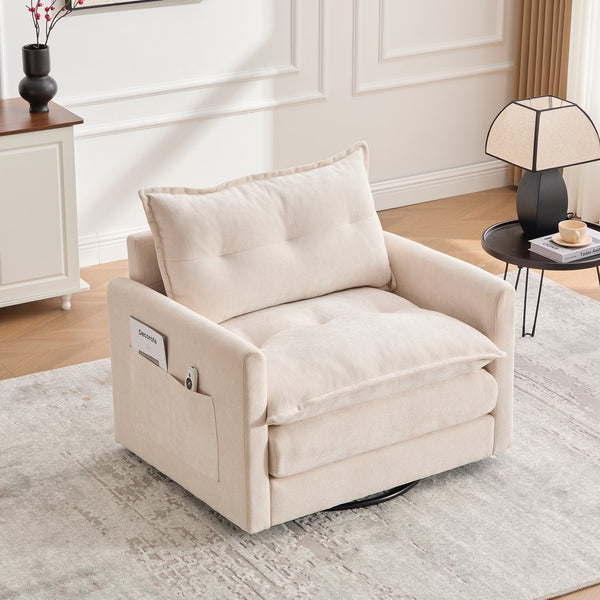 English Elm UNITED Swivel Barrel Chair with Chenille Upholstery, 360° Smooth Rotation, Padded Arm Comfort and Side Pockets for Living Room Relaxation Beige W1568P290083