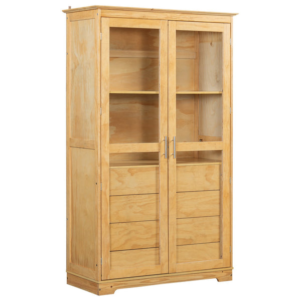 English Elm Topmax Solid Pine Pantry Cabinet with Glass Doors Four Drawers Farmhouse Storage Natural SP000086AAA